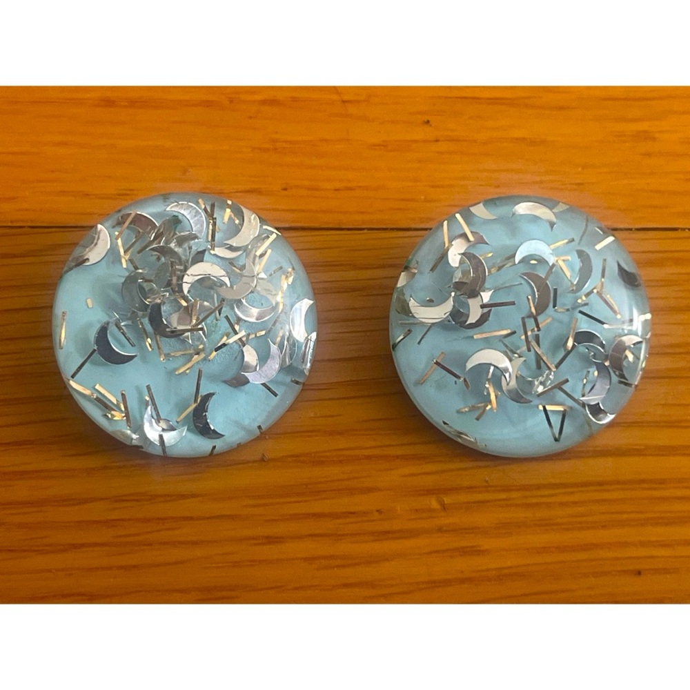 Vintage 60's Lucite Clip-On Baby Blue & Glitter Earrings